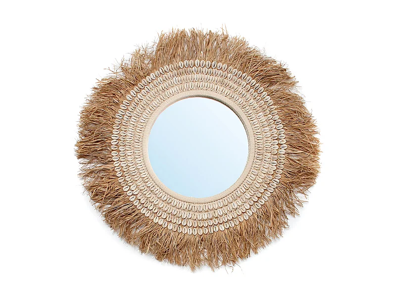 De Raffia Cowrie Spiegel - Naturel Wit