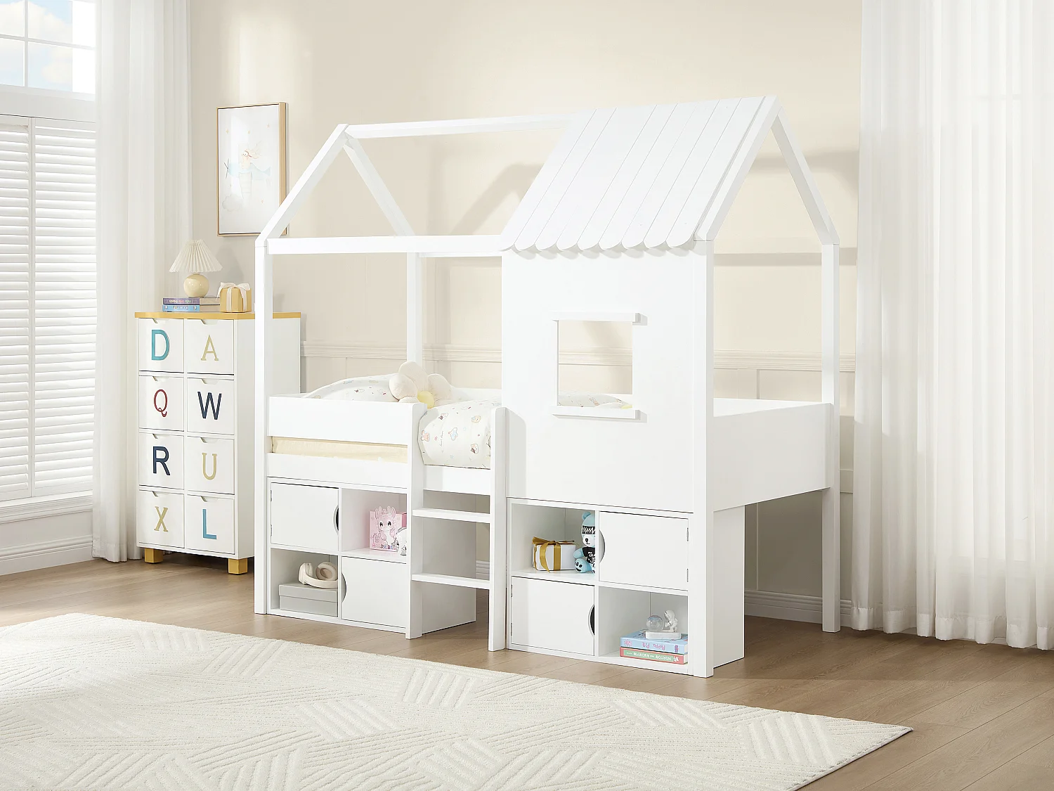 Lit mi-hauteur cabane 90 x 190 cm - Pin et MDF - Blanc - VALESKIA