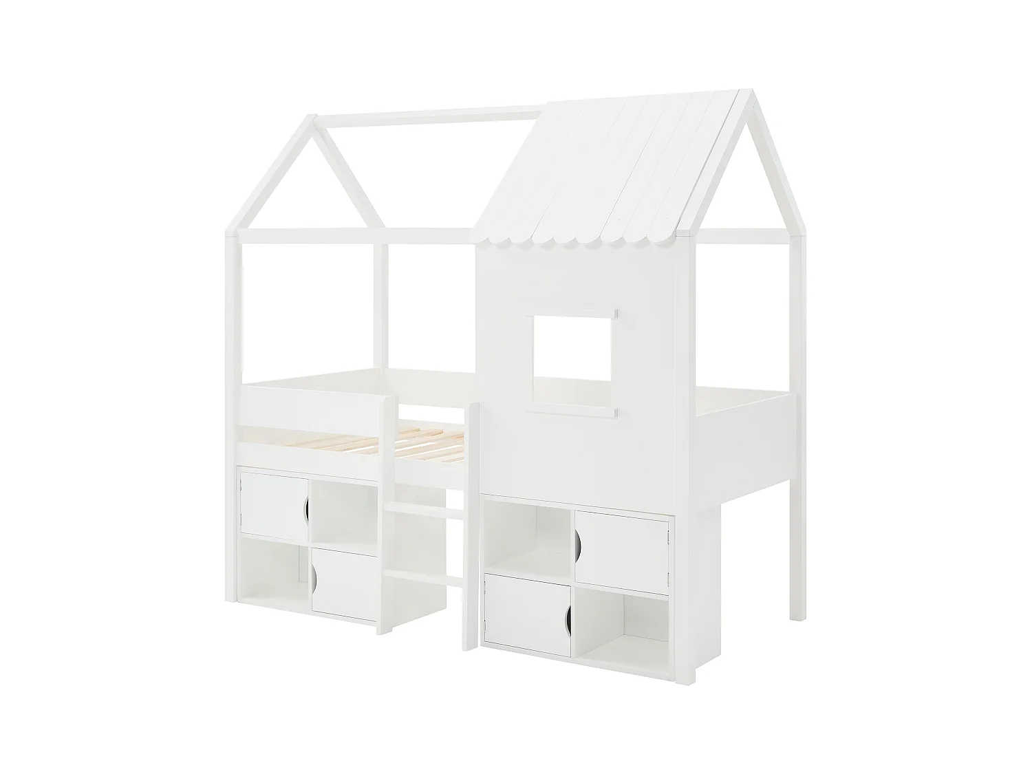 Halbhohes Bett in Hausoptik - 90 x 190 cm - Kiefer & MDF - Weiß - VALESKIA