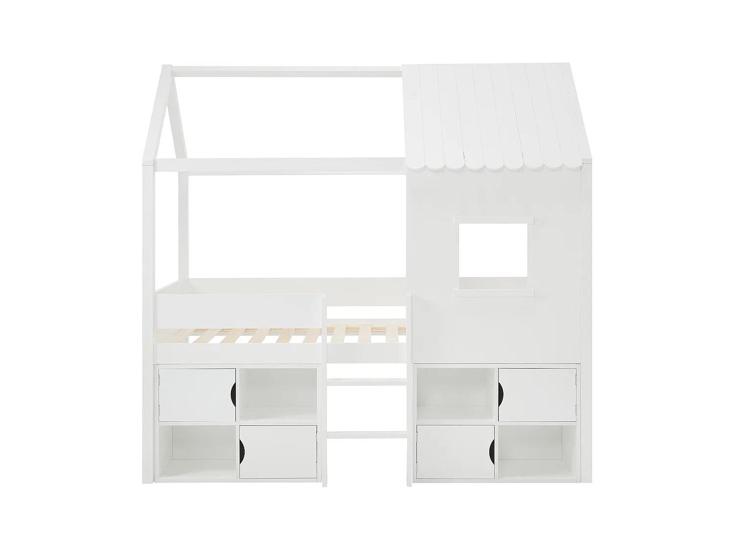 Halbhohes Bett in Hausoptik - 90 x 190 cm - Kiefer & MDF - Weiß - VALESKIA