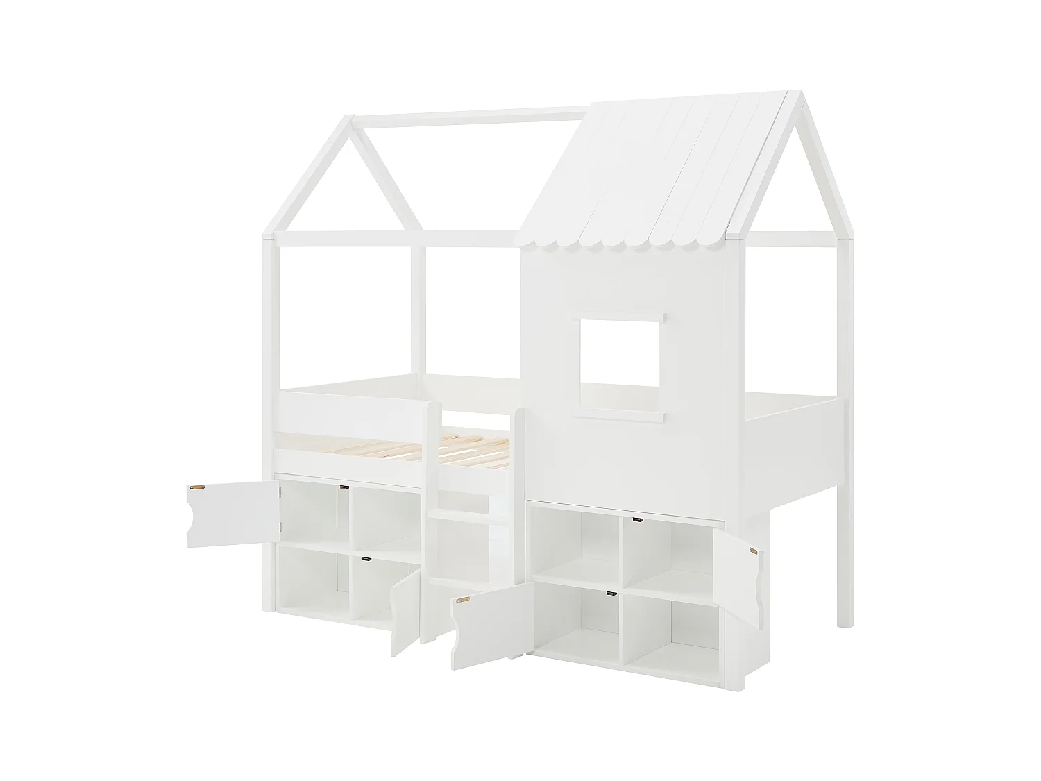 Halbhohes Bett in Hausoptik - 90 x 190 cm - Kiefer & MDF - Weiß - VALESKIA