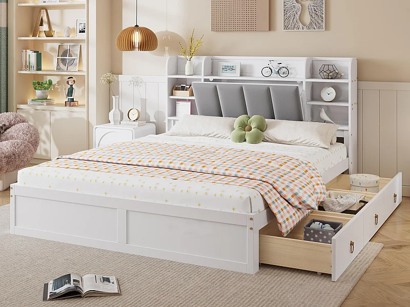 Lit double 160x200cm - en bois de pin et MDF - tête de rangement avec étagères ouvertes et 3 tiroirs - Blanc