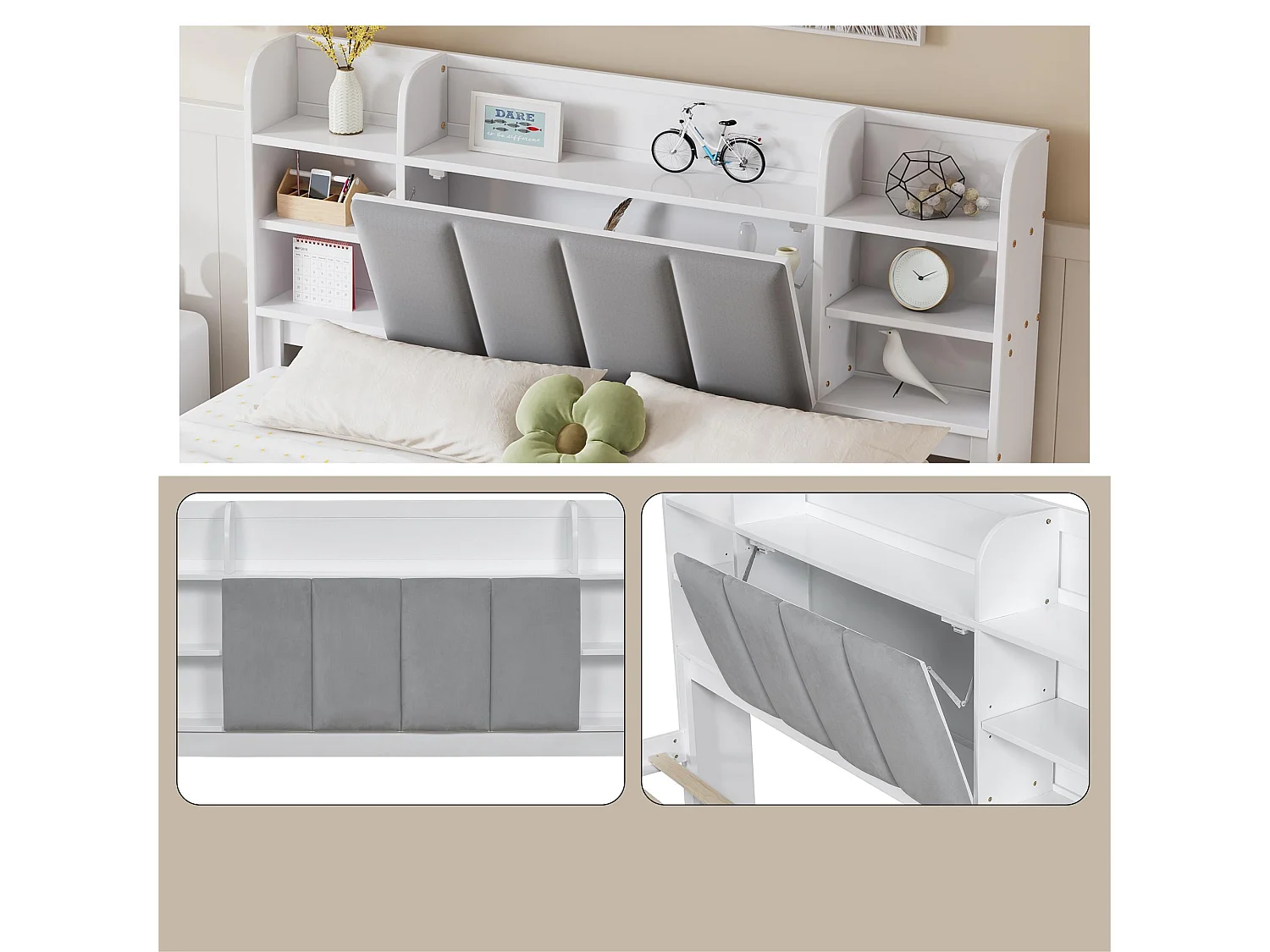 Cama de casal 160x200cm - madeira de pinho e MDF - cabeceira de arrumação com prateleiras abertas e 3 gavetas - Branco