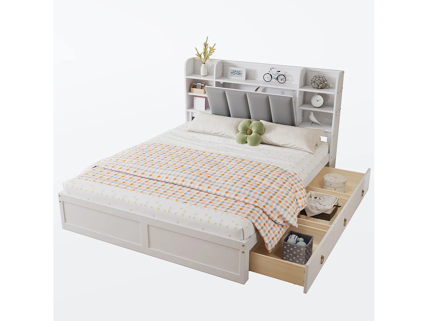 Cama de casal 160x200cm - madeira de pinho e MDF - cabeceira de arrumação com prateleiras abertas e 3 gavetas - Branco
