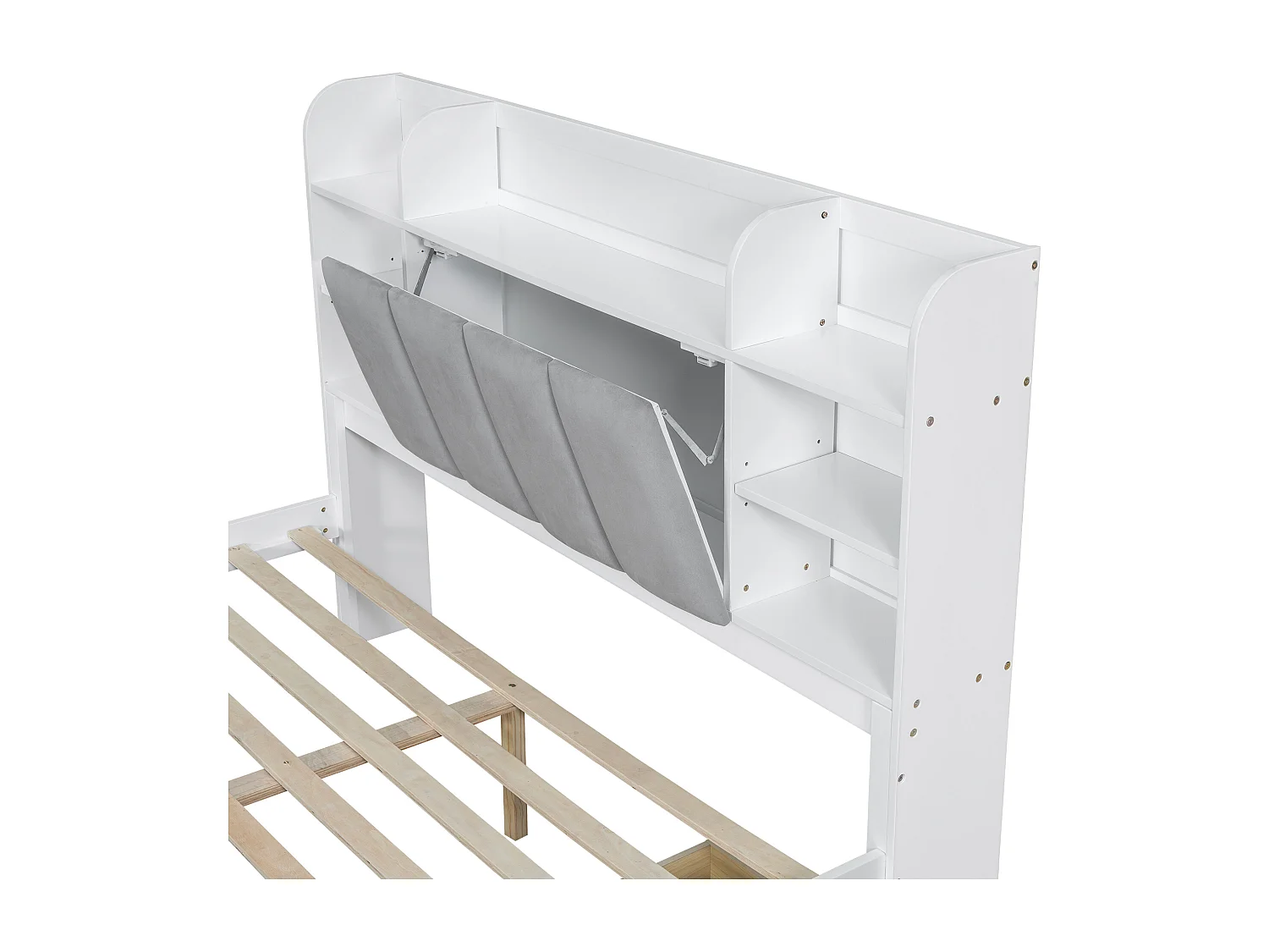 Cama de casal 160x200cm - madeira de pinho e MDF - cabeceira de arrumação com prateleiras abertas e 3 gavetas - Branco