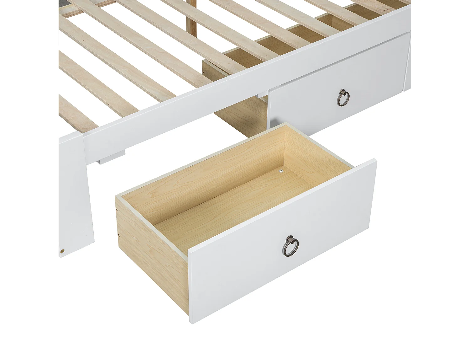 Cama de casal 160x200cm - madeira de pinho e MDF - cabeceira de arrumação com prateleiras abertas e 3 gavetas - Branco