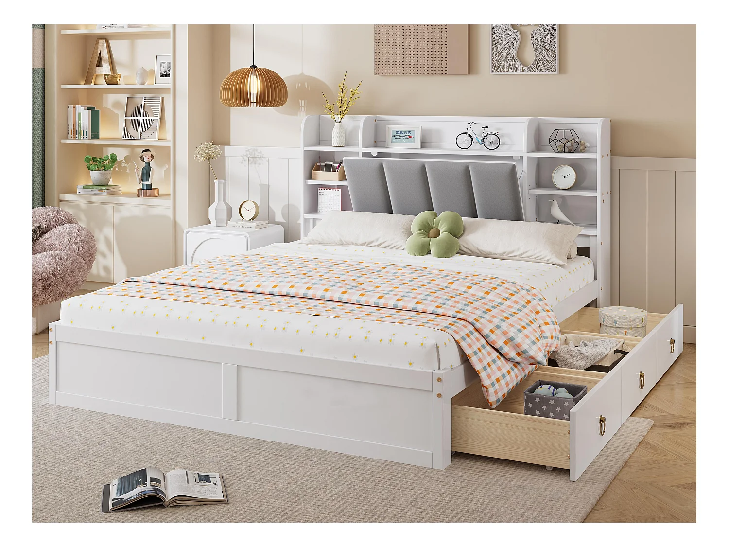 Lit double 160x200cm - en bois de pin et MDF - tête de rangement avec étagères ouvertes et 3 tiroirs - Blanc
