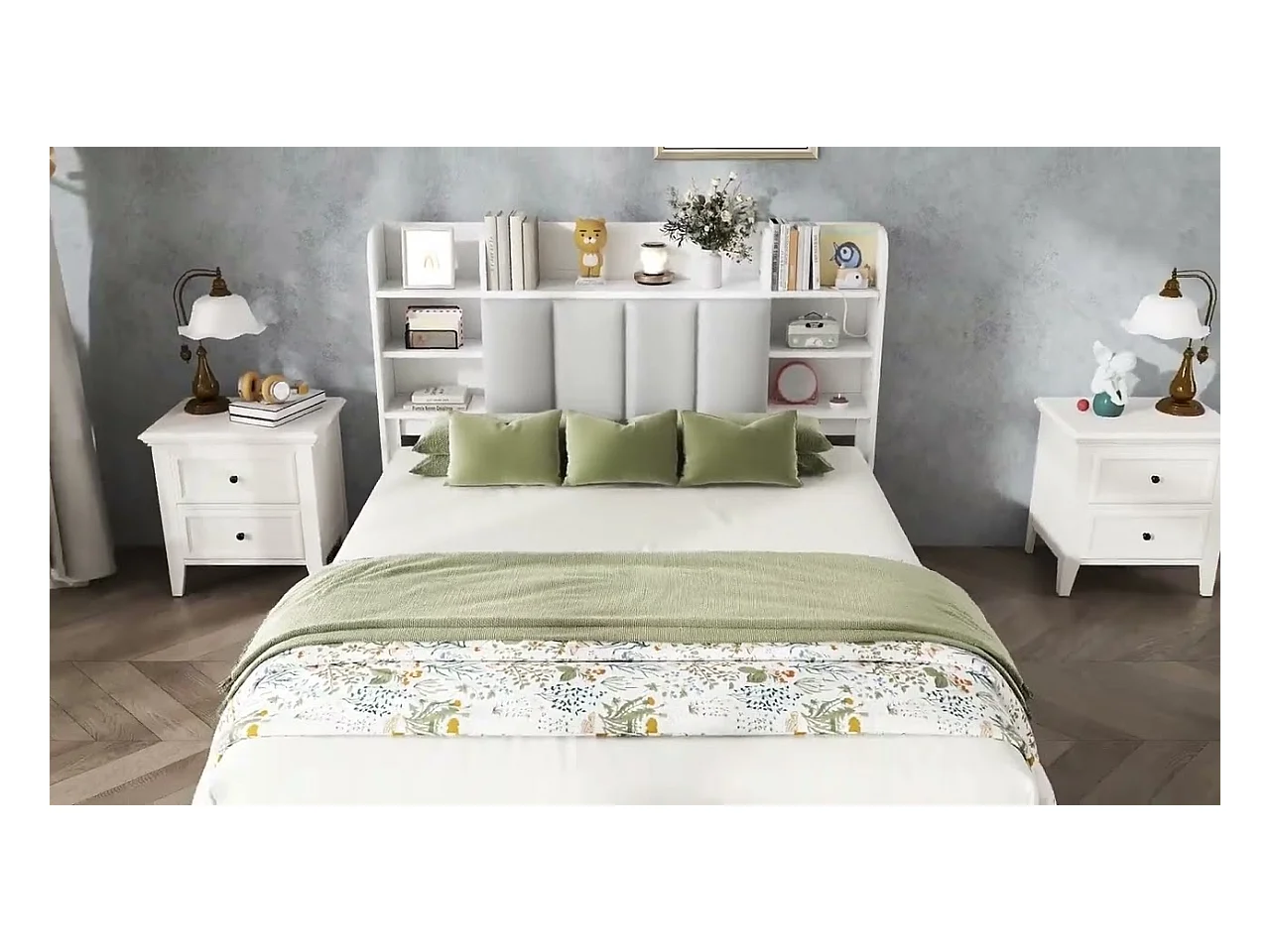 Doppelbett 160 x 200 cm – Kiefernholz und MDF – Kopfteil mit Stauraum, offenen Regalen und 3 Schubladen – Weiß