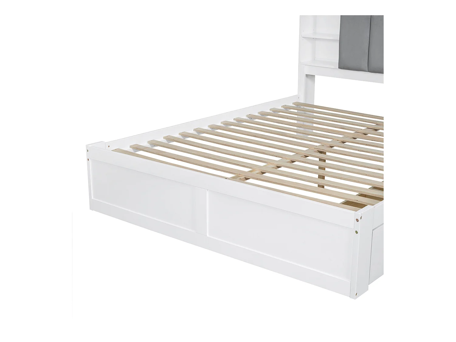 Doppelbett 160 x 200 cm – Kiefernholz und MDF – Kopfteil mit Stauraum, offenen Regalen und 3 Schubladen – Weiß