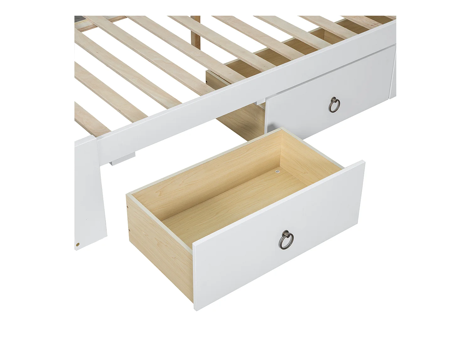 Doppelbett 160 x 200 cm – Kiefernholz und MDF – Kopfteil mit Stauraum, offenen Regalen und 3 Schubladen – Weiß