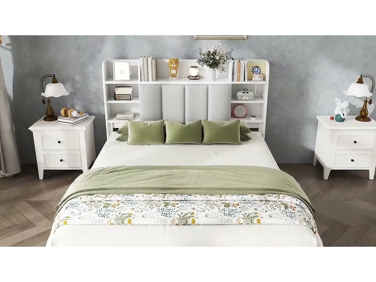 Doppelbett 160 x 200 cm – Kiefernholz und MDF – Kopfteil mit Stauraum, offenen Regalen und 3 Schubladen – Weiß