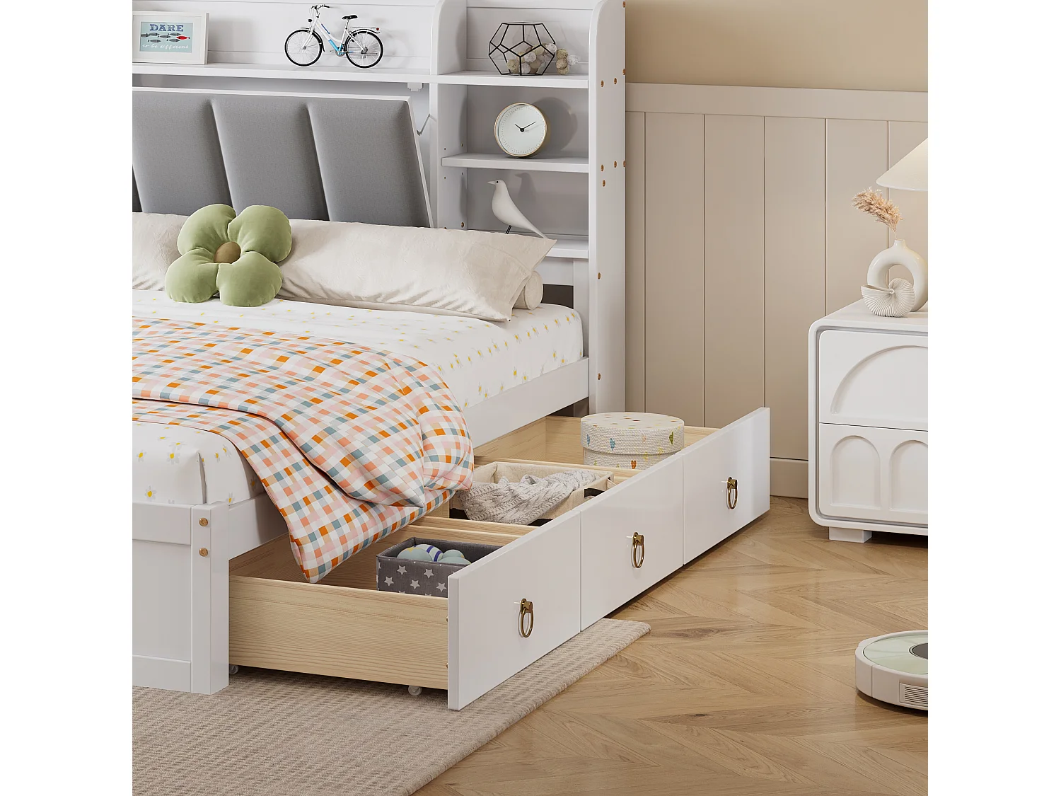 Doppelbett 160 x 200 cm – Kiefernholz und MDF – Kopfteil mit Stauraum, offenen Regalen und 3 Schubladen – Weiß