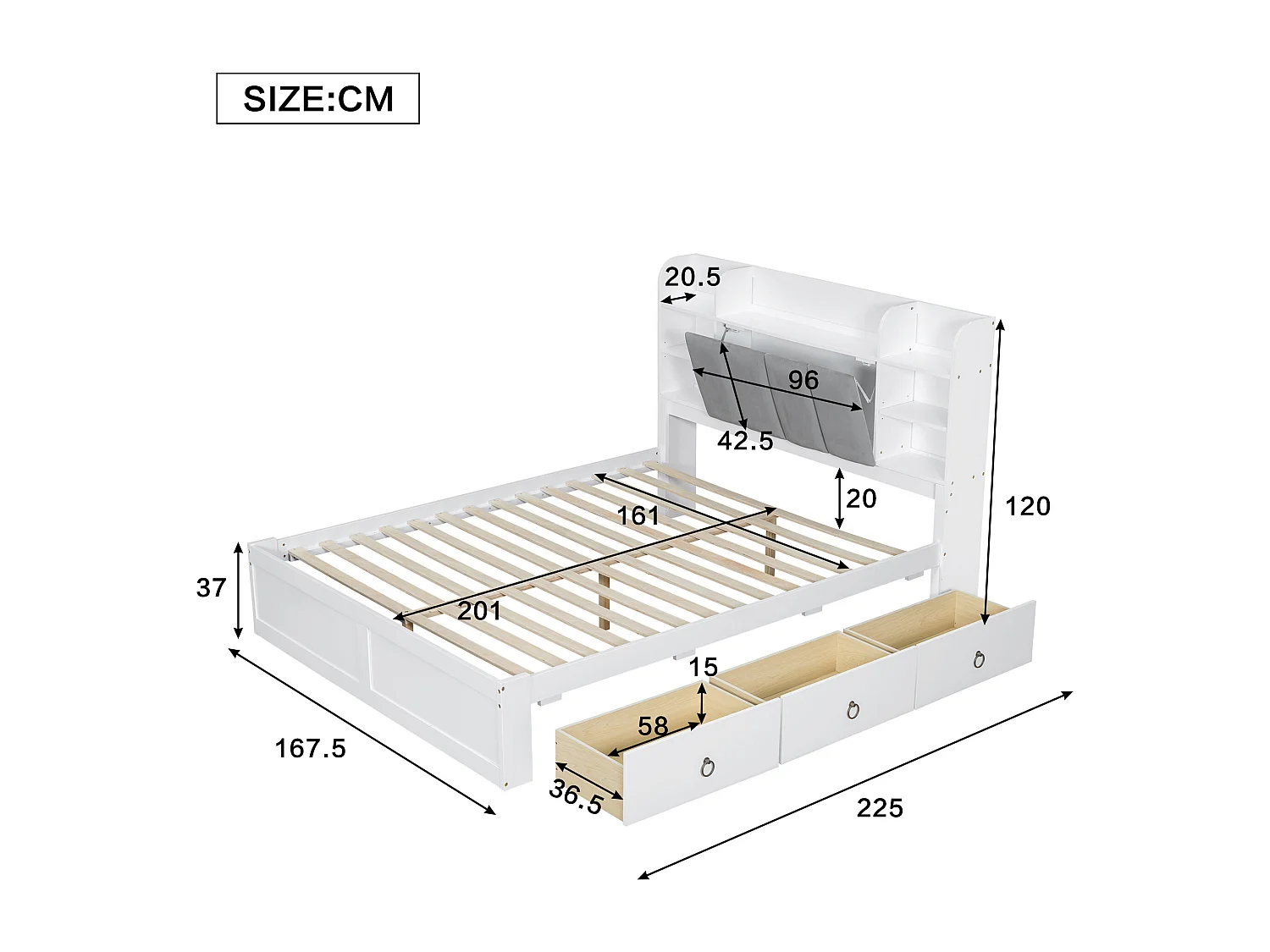 Doppelbett 160 x 200 cm – Kiefernholz und MDF – Kopfteil mit Stauraum, offenen Regalen und 3 Schubladen – Weiß