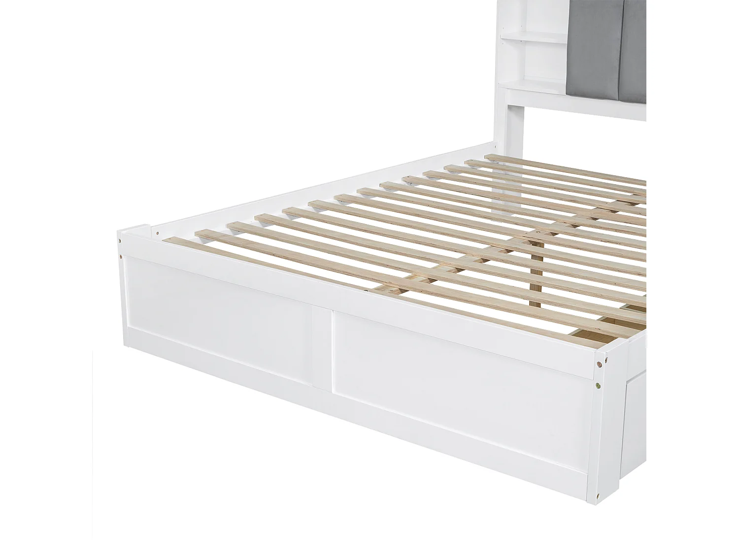 Doppelbett 160 x 200 cm – Kiefernholz und MDF – Kopfteil mit Stauraum, offenen Regalen und 3 Schubladen – Weiß