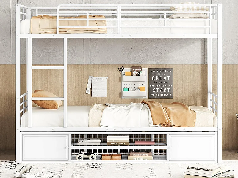 Lit superposé 90x200cm en fer - avec meuble à chaussures et échelle - Blanc