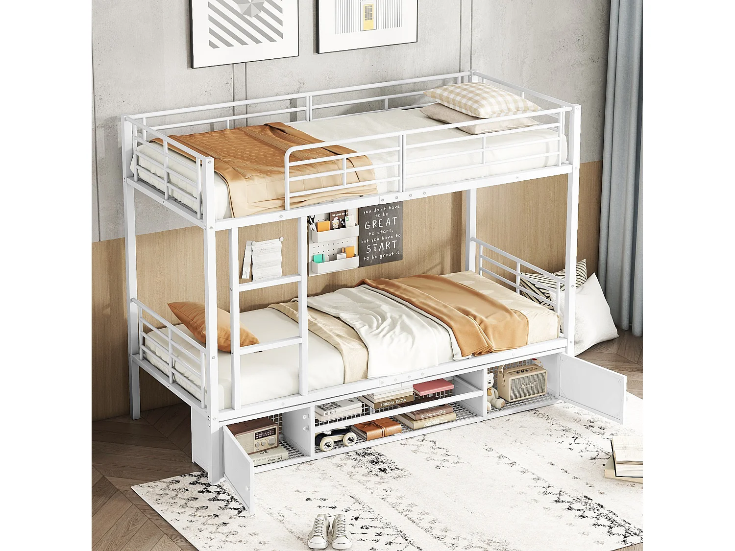 Lit superposé 90x200cm en fer - avec meuble à chaussures et échelle - Blanc