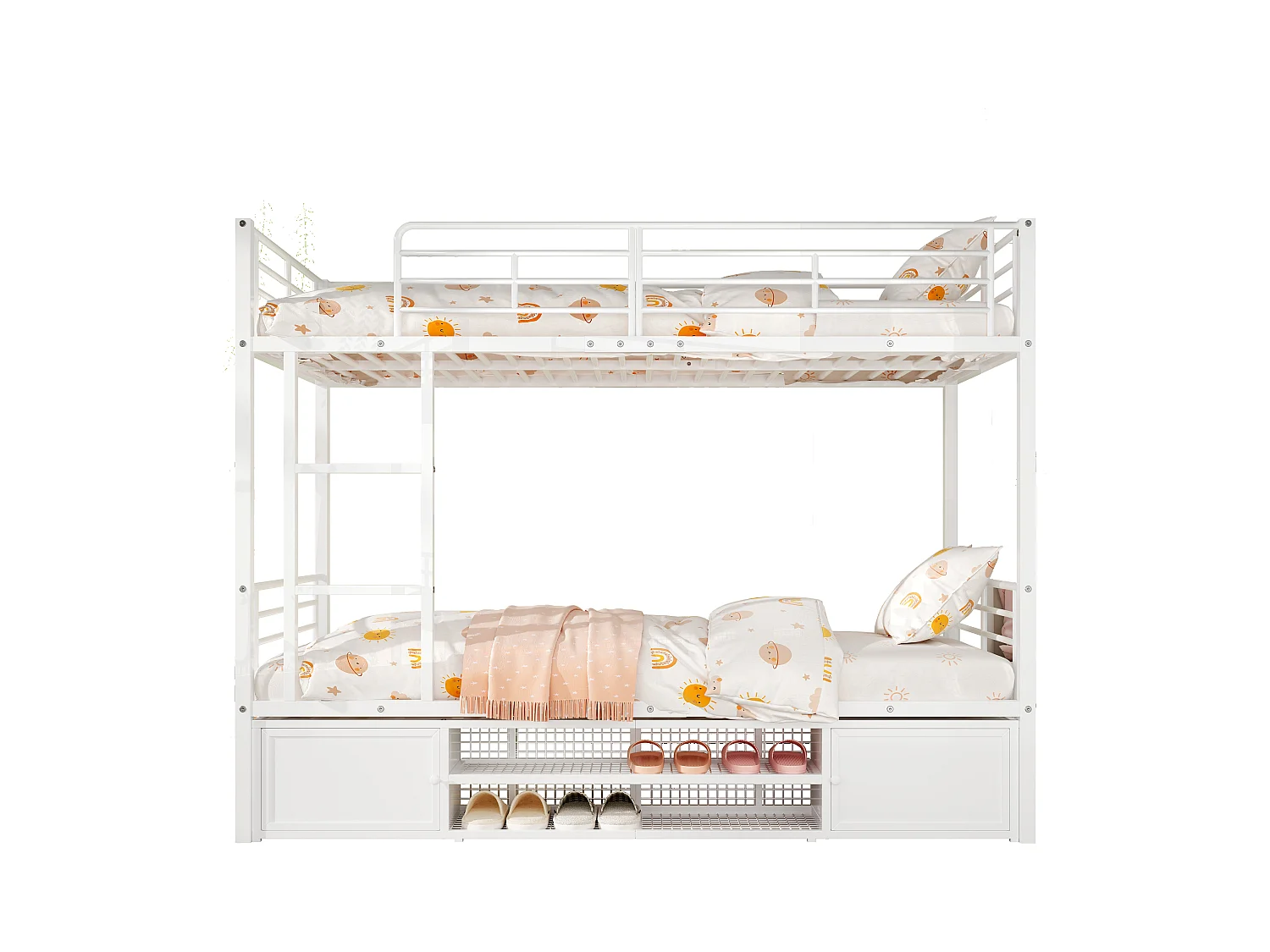 Lit superposé 90x200cm en fer - avec meuble à chaussures et échelle - Blanc