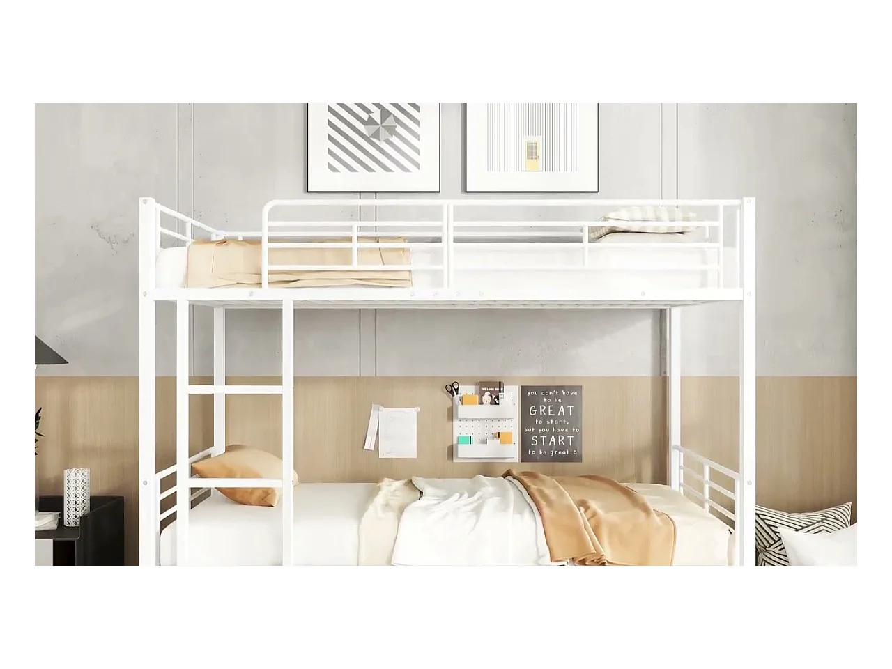 Lit superposé 90x200cm en fer - avec meuble à chaussures et échelle - Blanc