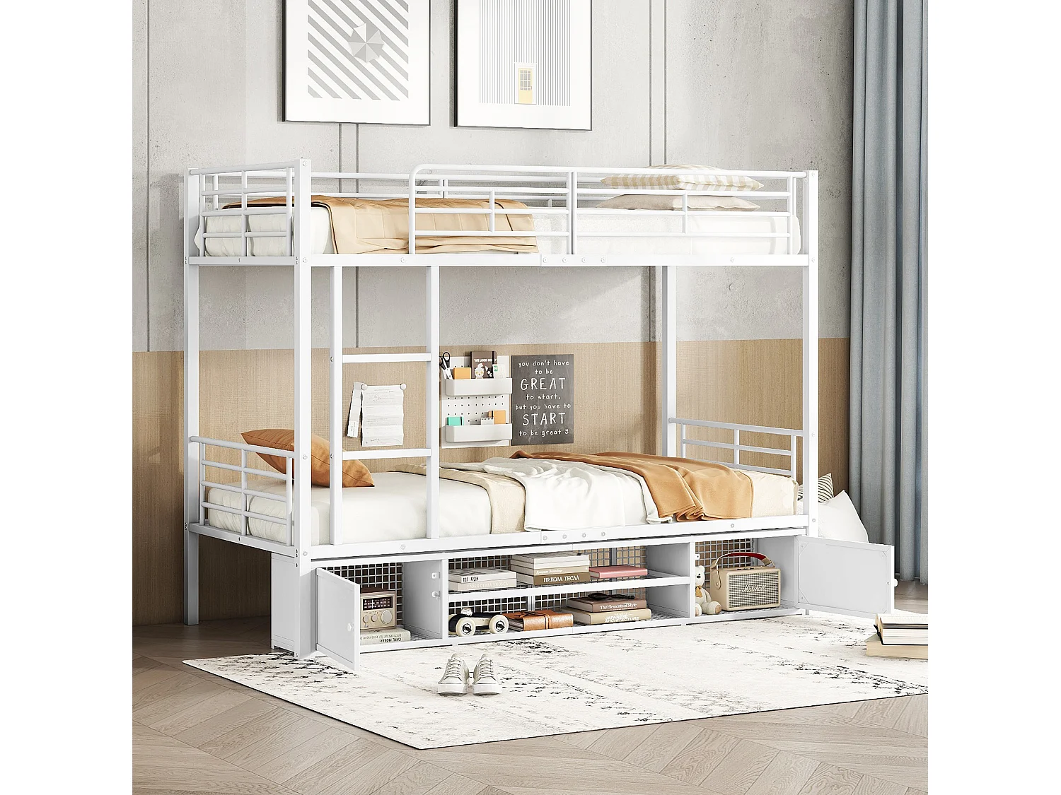 Łóżko piętrowe 90x200cm z żelaza - z meblem na buty i drabiną - Białe