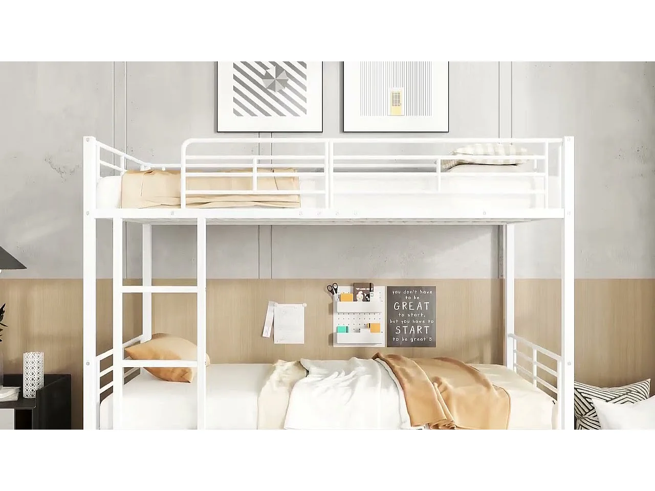 Łóżko piętrowe 90x200cm z żelaza - z meblem na buty i drabiną - Białe
