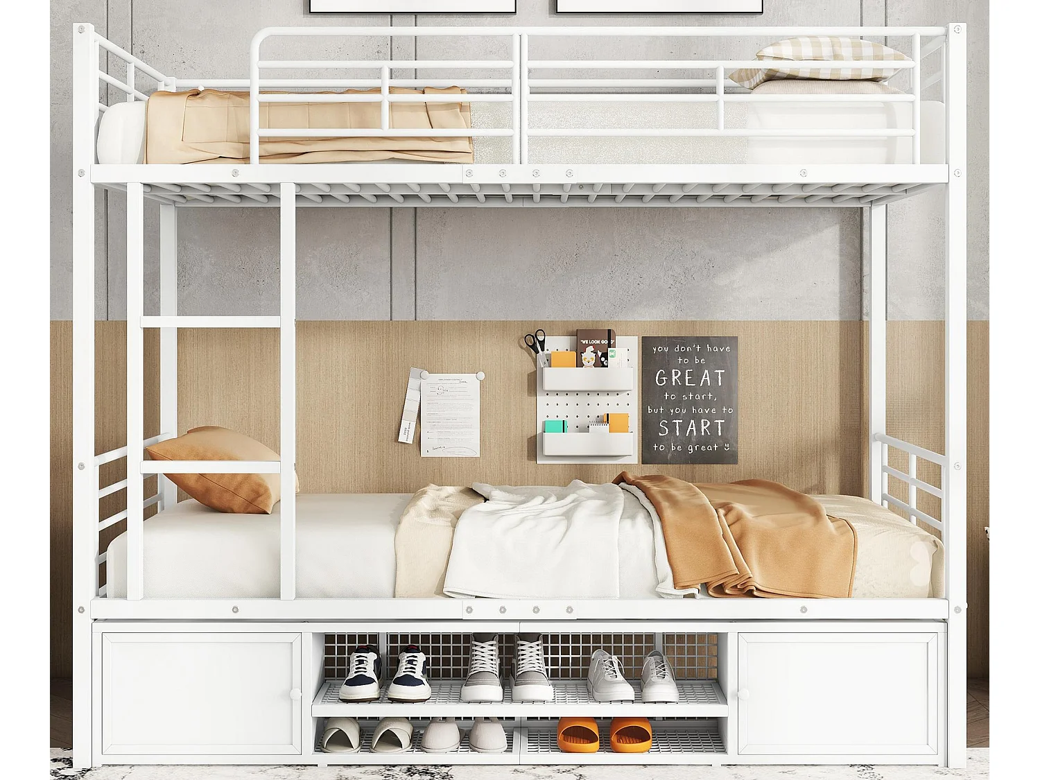 Żelazne łóżko piętrowe 90x200cm - z szafką na buty i drabinką - Białe
