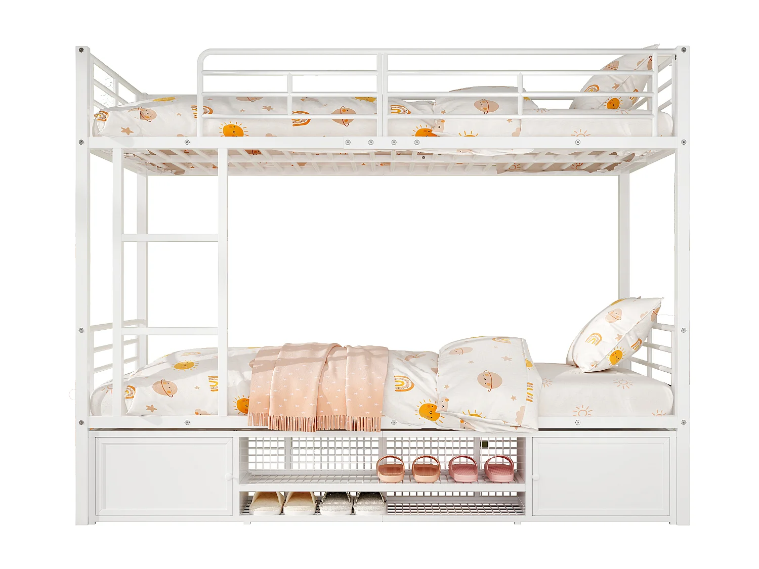 Żelazne łóżko piętrowe 90x200cm - z szafką na buty i drabinką - Białe