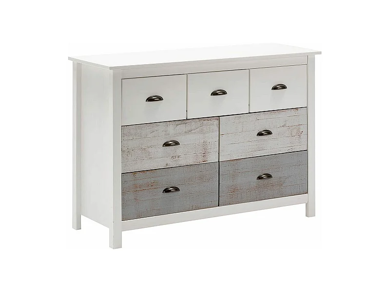 ROSALIA - Commode 7 Tiroirs Bois Aspect Vieilli Blanc et Grisé