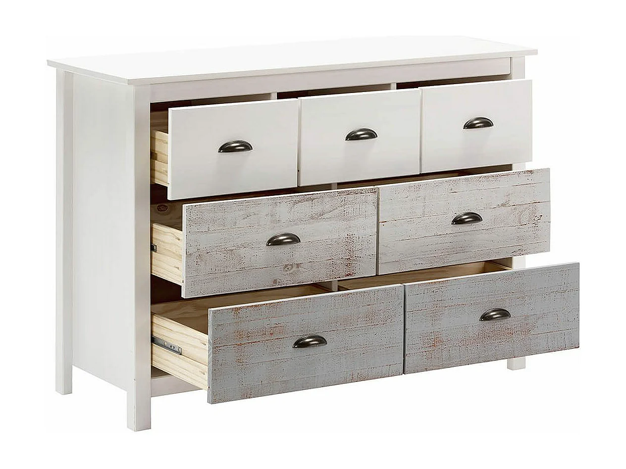 ROSALIA - Commode 7 Tiroirs Bois Aspect Vieilli Blanc et Grisé