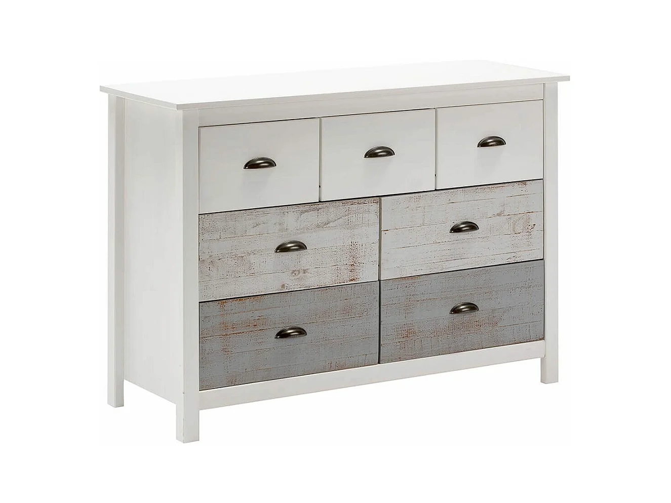 ROSALIA - Commode 7 Tiroirs Bois Aspect Vieilli Blanc et Grisé