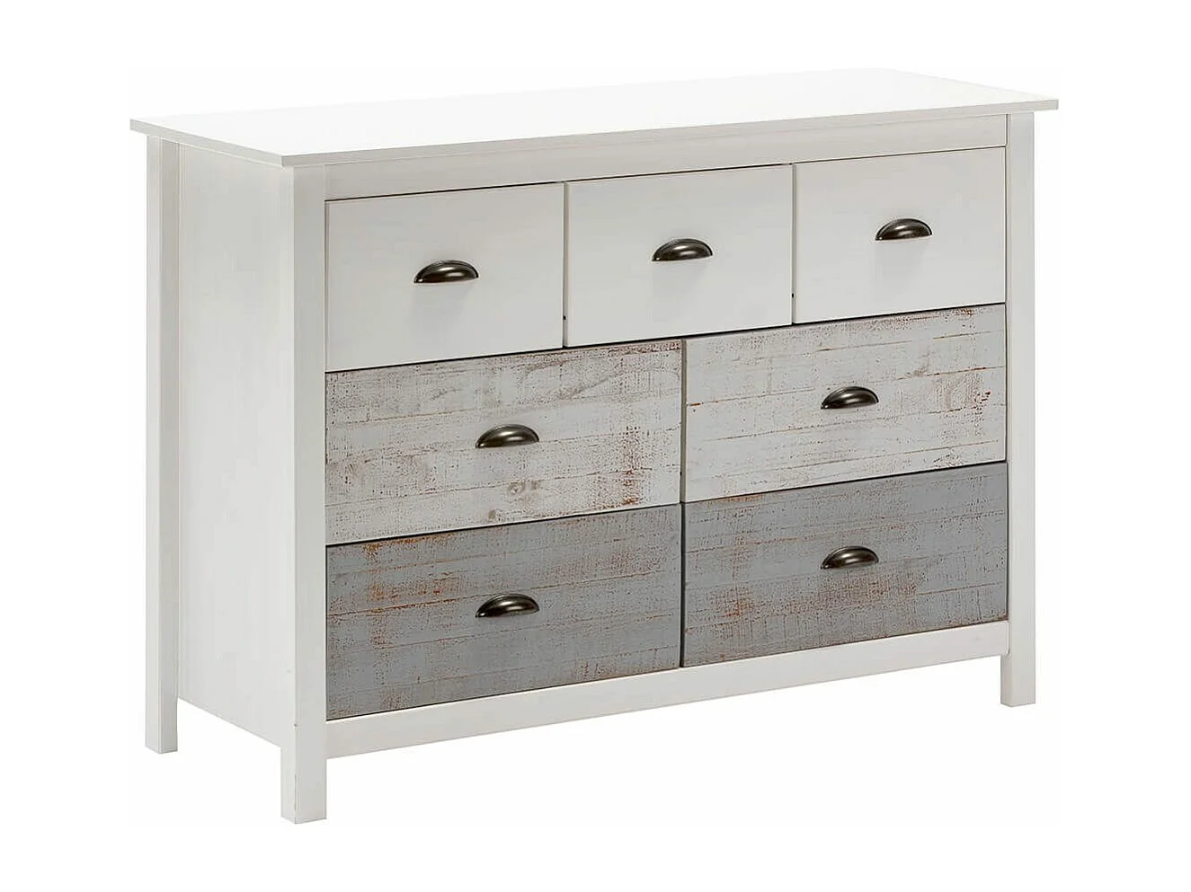 ROSALIA - Commode 7 Tiroirs Bois Aspect Vieilli Blanc et Grisé