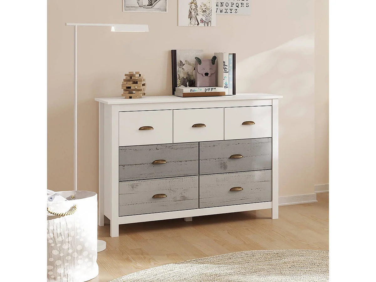 ROSALIA - Commode 7 Tiroirs Bois Aspect Vieilli Blanc et Grisé