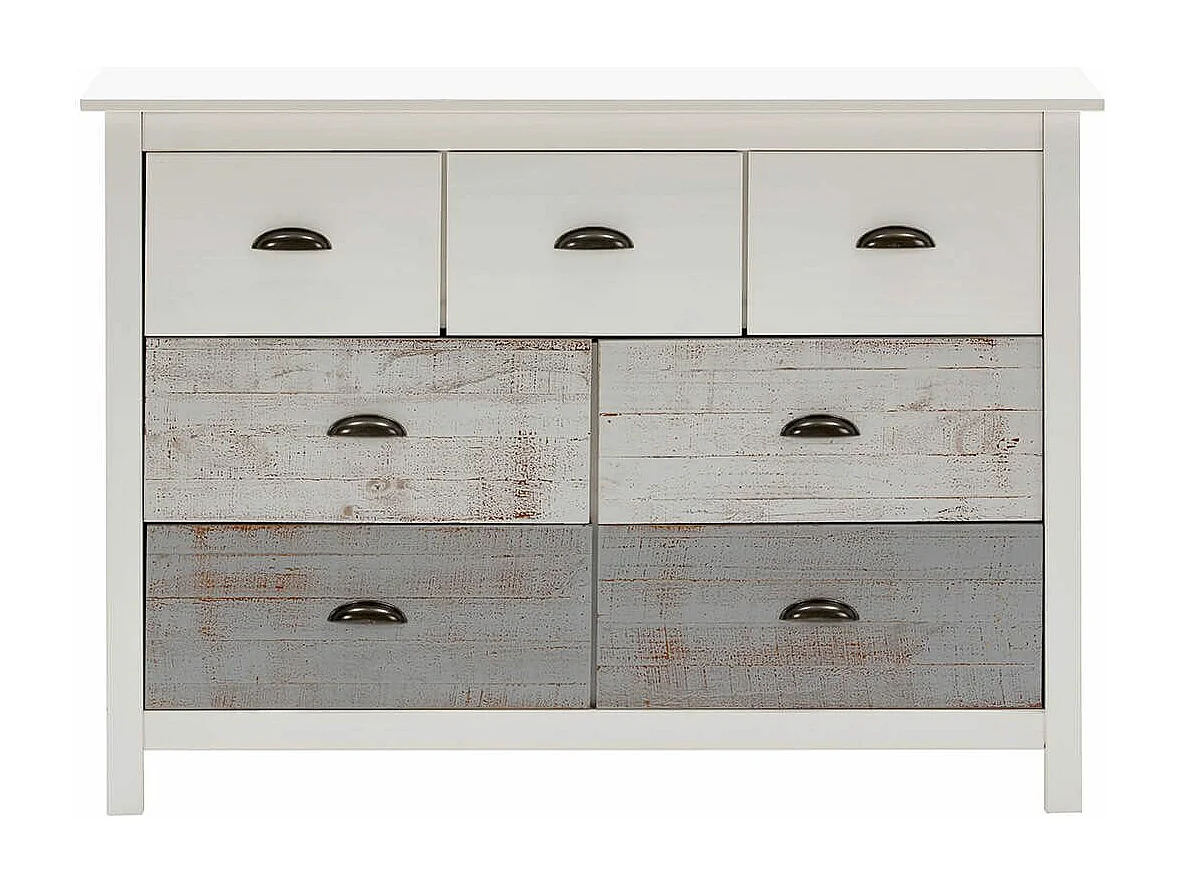 ROSALIA - Commode 7 Tiroirs Bois Aspect Vieilli Blanc et Grisé