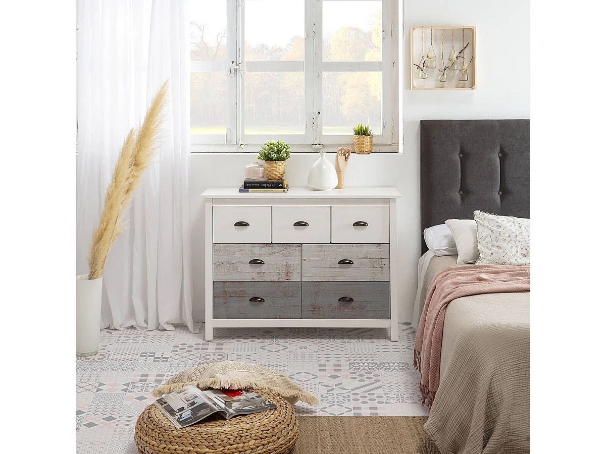 ROSALIA - Commode 7 Tiroirs Bois Aspect Vieilli Blanc et Grisé