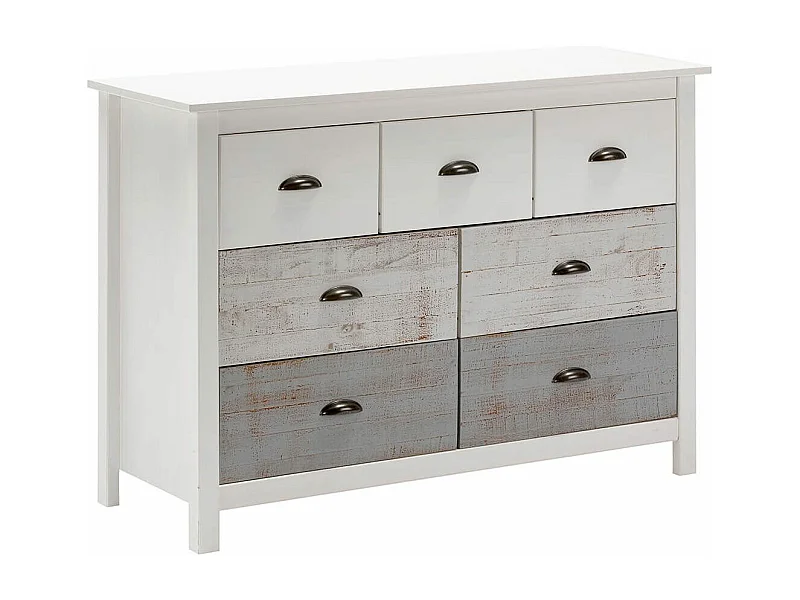 ROSALIA - Commode 7 Tiroirs Bois Aspect Vieilli Blanc et Grisé