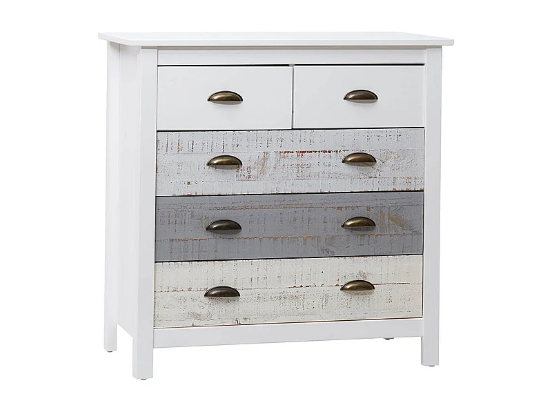 ROSALIA - Commode 5 Tiroirs Bois Aspect Vieilli Blanc et Grisé