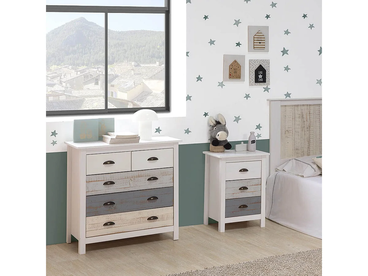 ROSALIA - Commode 5 Tiroirs Bois Aspect Vieilli Blanc et Grisé