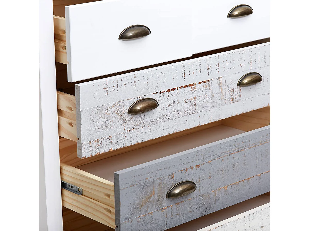 ROSALIA - Commode 5 Tiroirs Bois Aspect Vieilli Blanc et Grisé