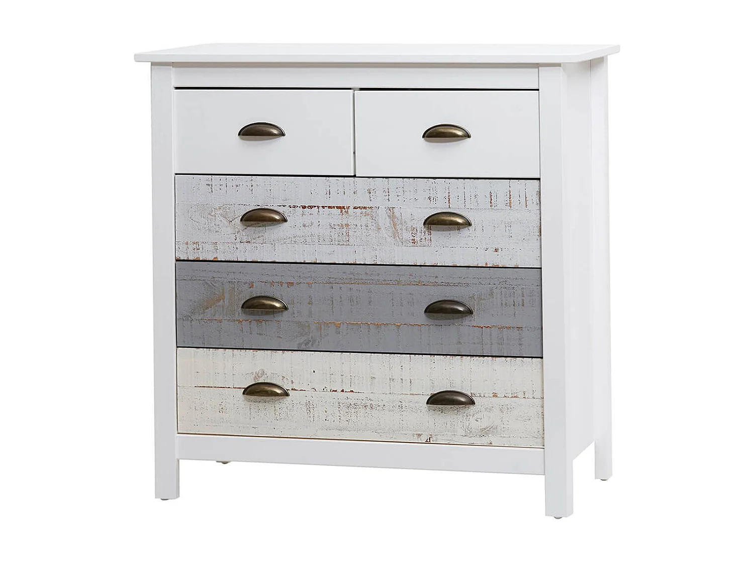 ROSALIA - Commode 5 Tiroirs Bois Aspect Vieilli Blanc et Grisé