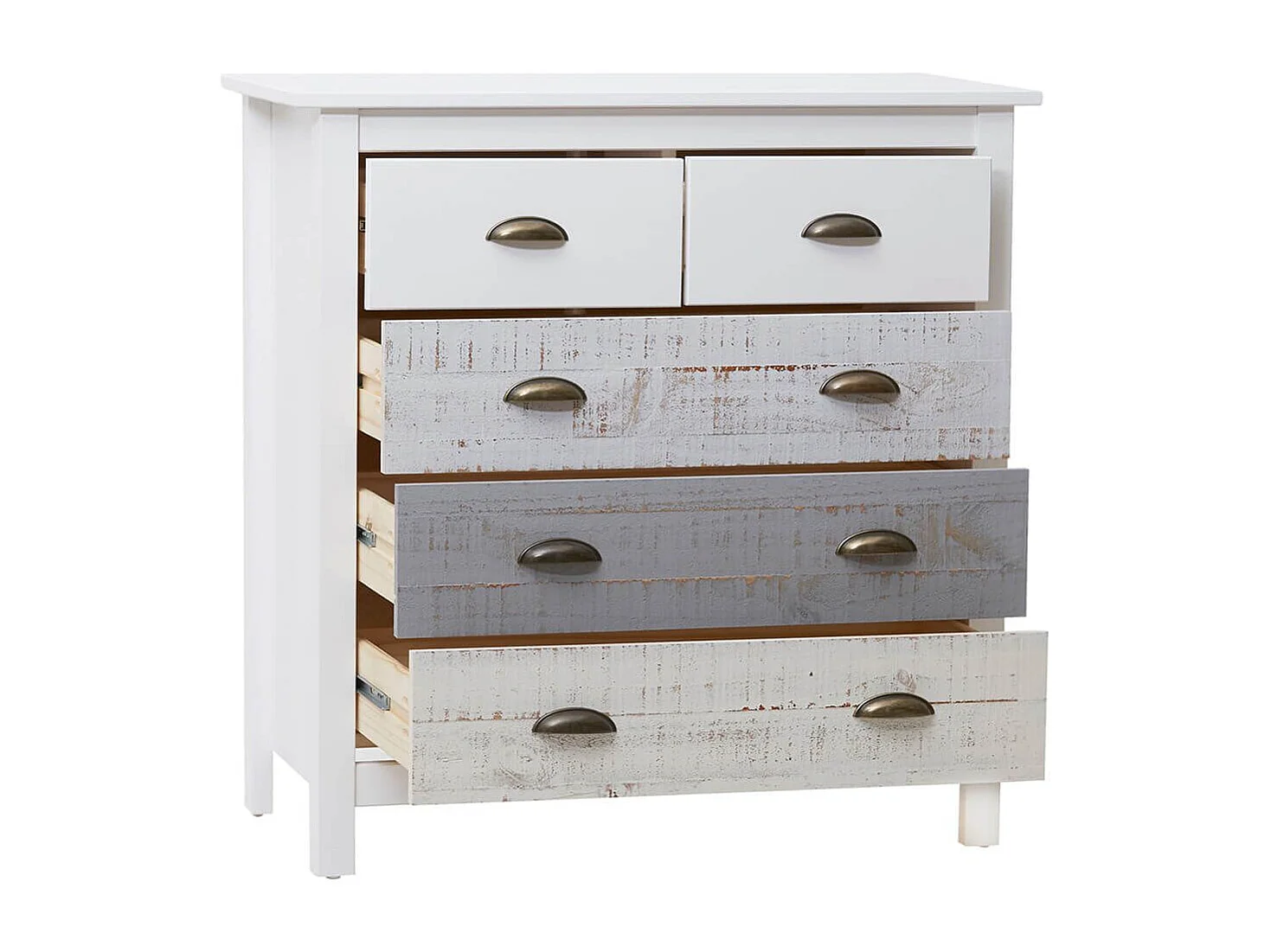 ROSALIA - Commode 5 Tiroirs Bois Aspect Vieilli Blanc et Grisé