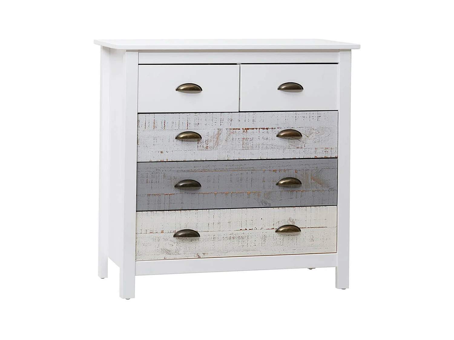 ROSALIA - Commode 5 Tiroirs Bois Aspect Vieilli Blanc et Grisé