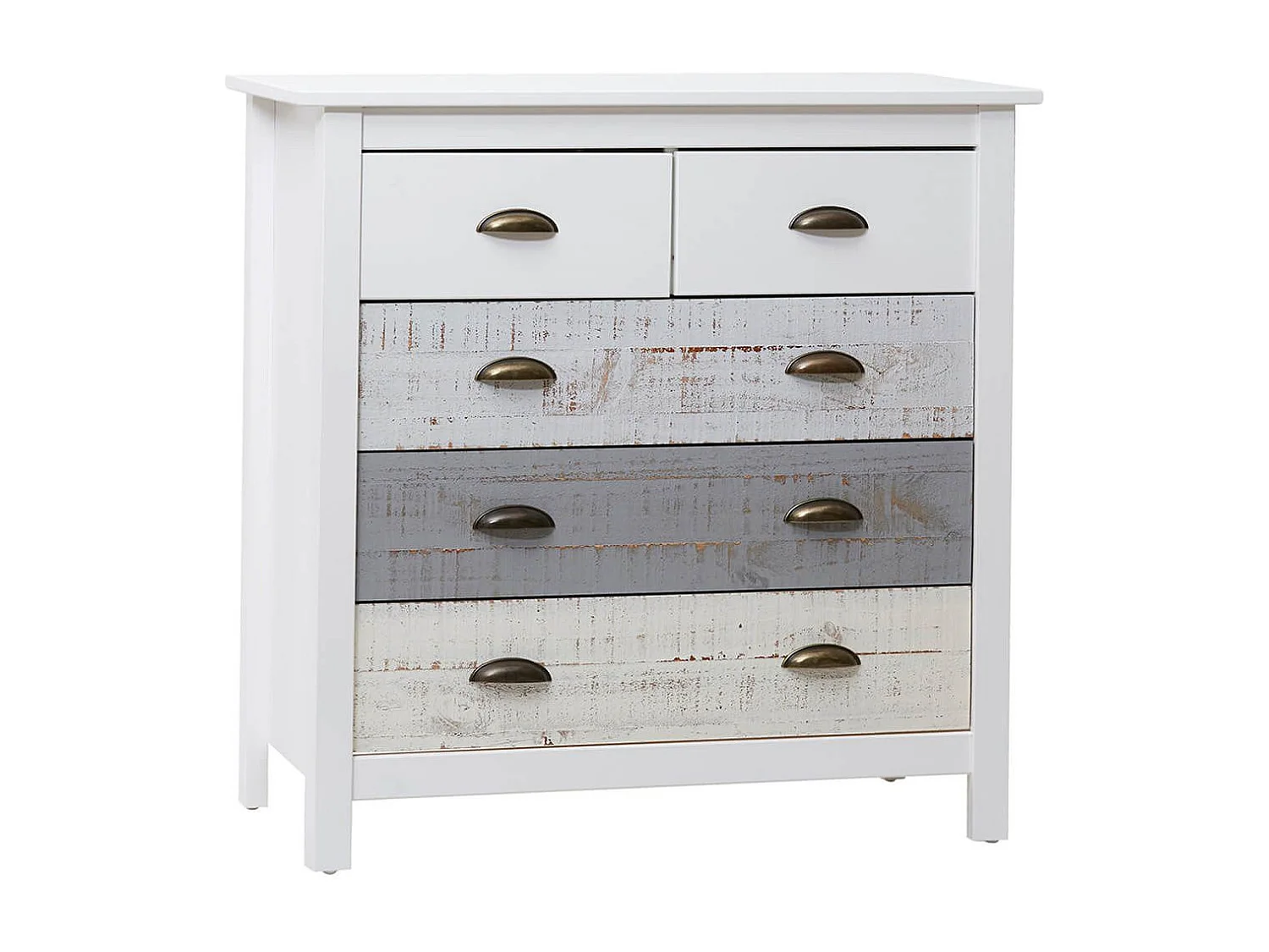 ROSALIA - Commode 5 Tiroirs Bois Aspect Vieilli Blanc et Grisé