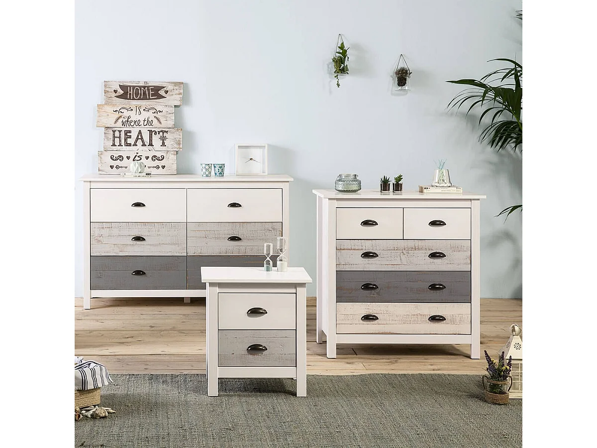 ROSALIA - Commode 5 Tiroirs Bois Aspect Vieilli Blanc et Grisé