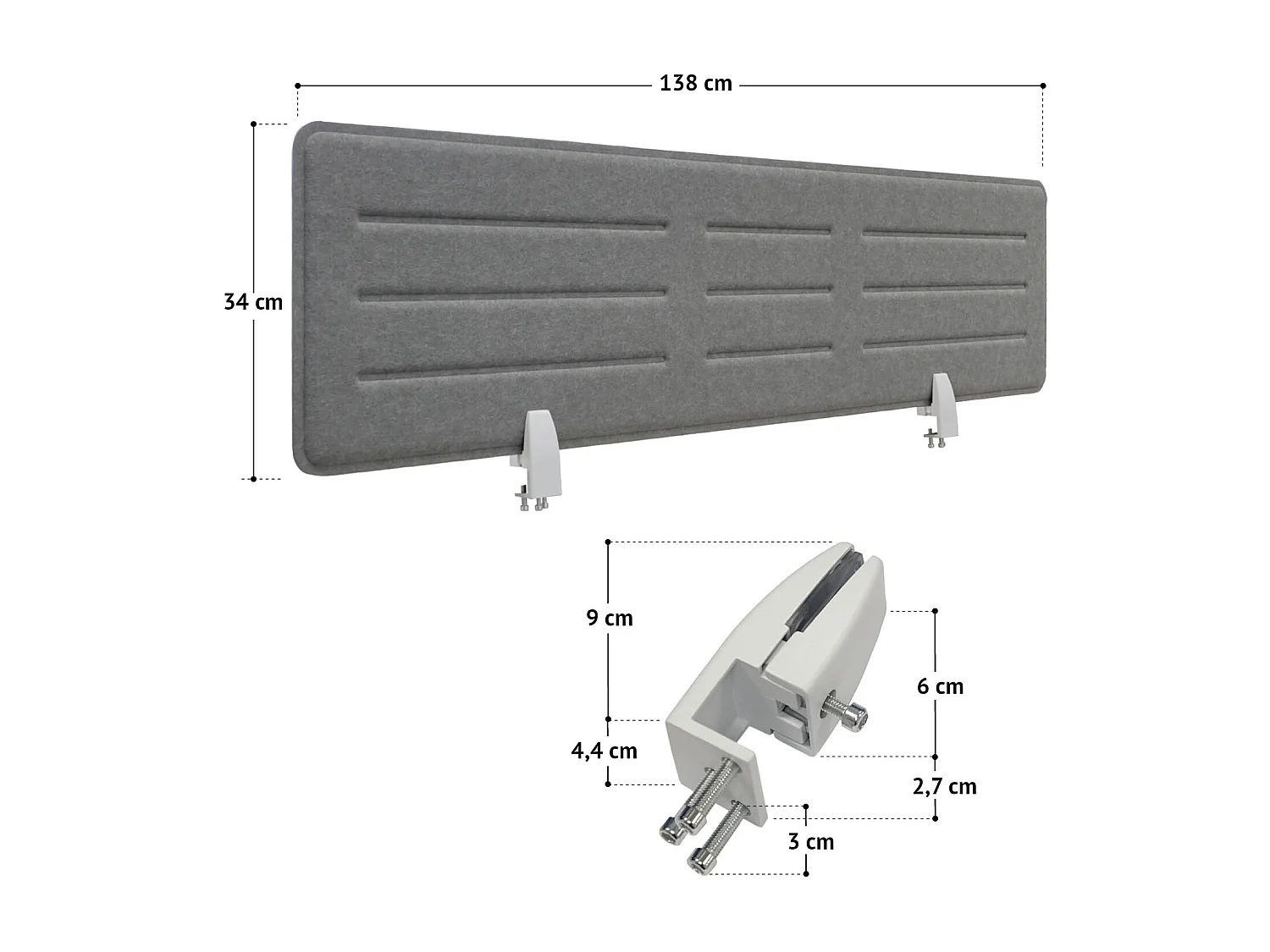 SVITA Bureau Paroi de séparation 138x34cm (lxh) Bureau Protection acoustique Fixation par serrage à poser Gris