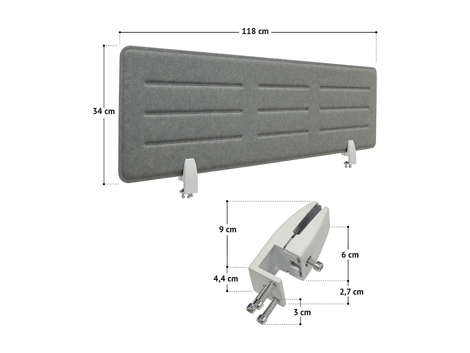 SVITA Bureau Paroi de séparation 118x34cm (lxh) Bureau Protection acoustique Fixation par serrage à poser Gris