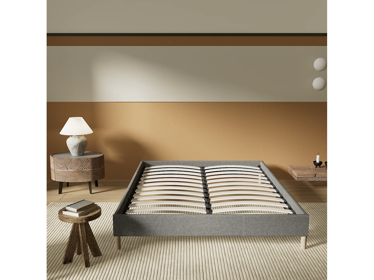 Sommier 90x200 cm, Revêtement en tissu Gris, Pieds en bois