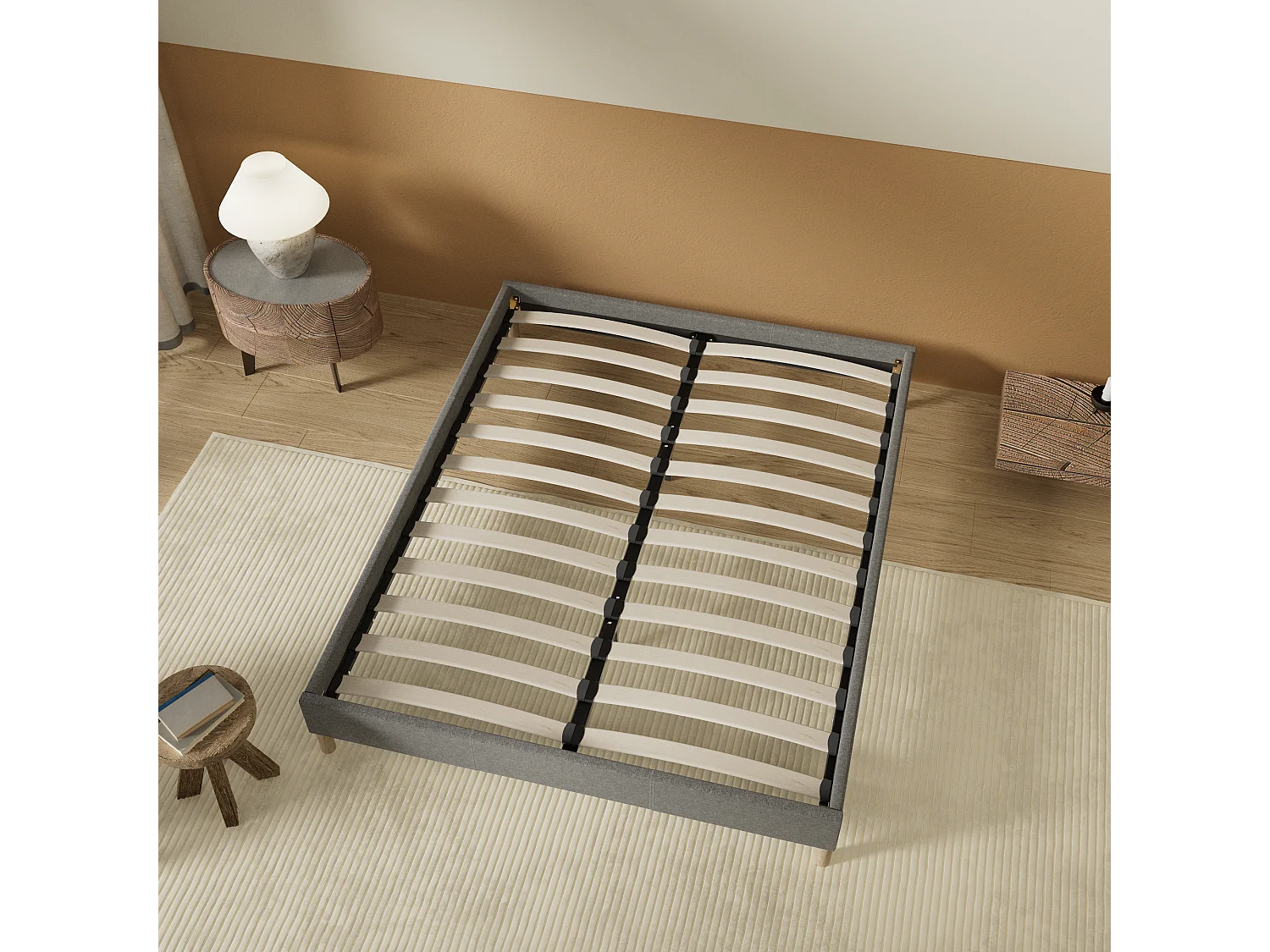 Sommier 90x200 cm, Revêtement en tissu Gris, Pieds en bois