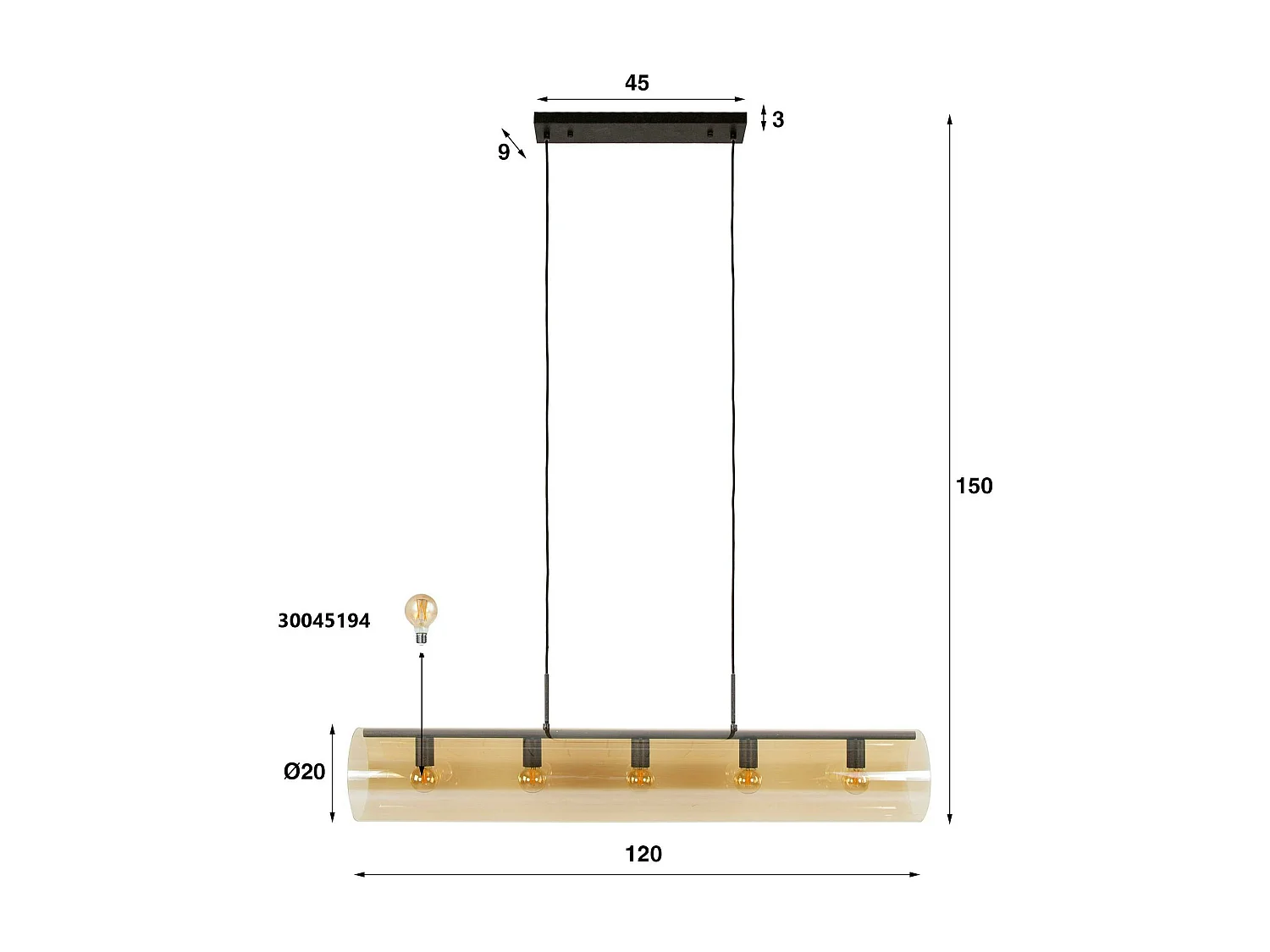 Suspension tube en verre ambré 5 lampes RALF