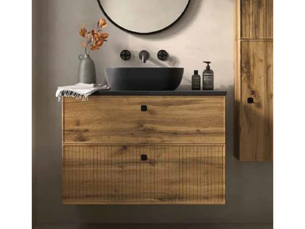 Mueble De Baño 2 Cajones + Encimera Negra + 1 Lavabo Negro Mod Blanca