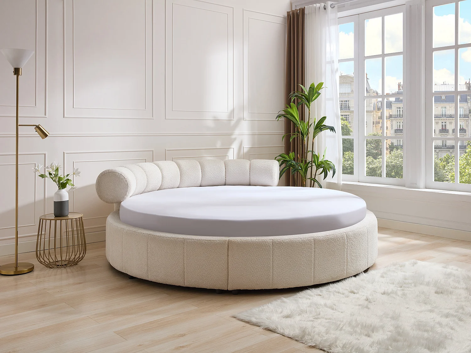 Lit rond 220 x 220 cm - Tissu bouclette - Blanc + Matelas - ROGILA