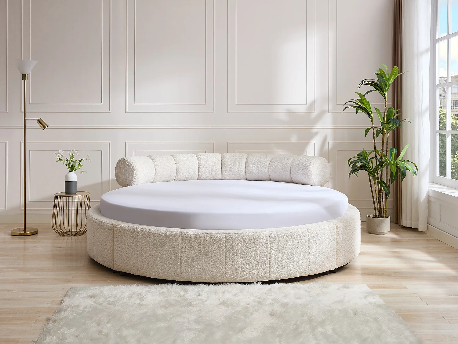 Lit rond 220 x 220 cm - Tissu bouclette - Blanc + Matelas - ROGILA